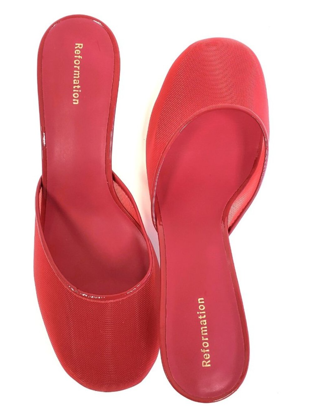 Reformation Women's Kalinka Illusion Mesh Mule Heels Sandals in Lipstick Size 8 - Picture 3 of 5